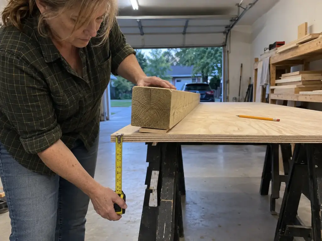 7 Garage Tool Organization Ideas That Fit Each Tool 9 A woman's hands check the height of a plywood sawhorse top with a tape measure beside a thick wooden post resting on a shim