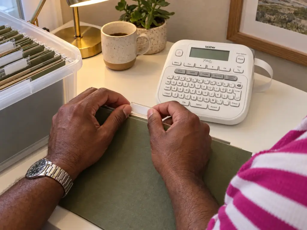 Best Filing Systems for Home Compared by Where They Break 9 A man's hands pressing a strip of label tape onto a hanging folder tab beside a Brother label maker on a desk