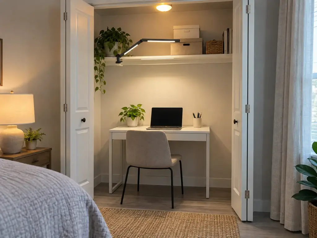 6 Home Office Ideas for Small Spaces Compared by Footprint 6 Reach-in closet turned into a small home office with a desk, a lit clamp lamp and a chair tucked under