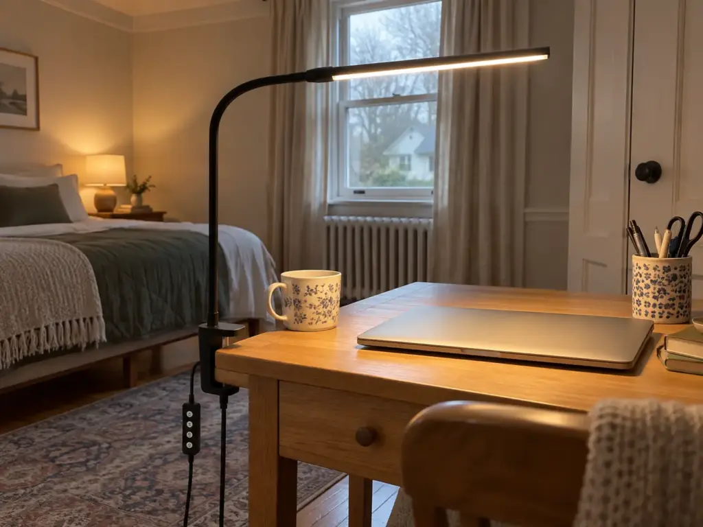 Home Office in Bedroom Ideas That Survive Week Three 6 Black clip-on desk lamp lit and clamped to the edge of a small bedroom desk beside a laptop and a mug