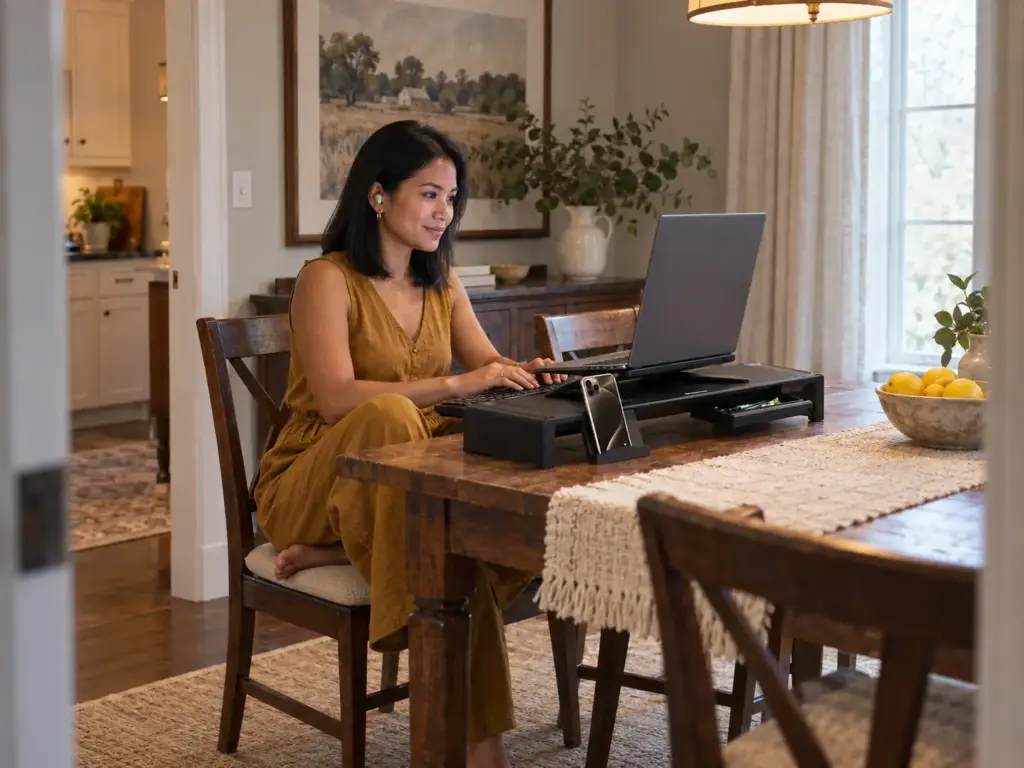 Woman on a video call at the dining table with her laptop raised on a monitor riser, a home office in small spaces