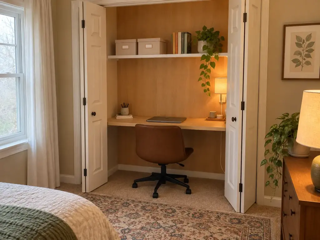 How to Create a Home Office in a Closet You'll Still Use 6 Tension rod shelving above a board desk in a closet office, holding file boxes and a small plant
