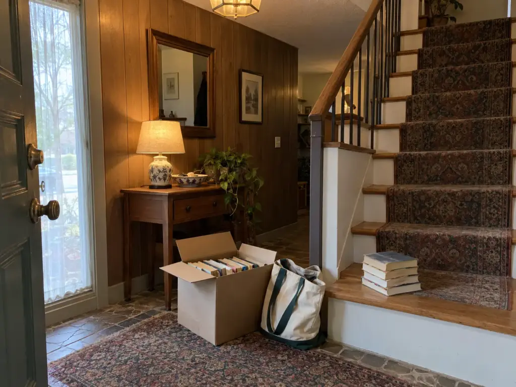 A box of paperbacks ready by the front door and a small separate stack of rippled-page books set apart on the bottom stair