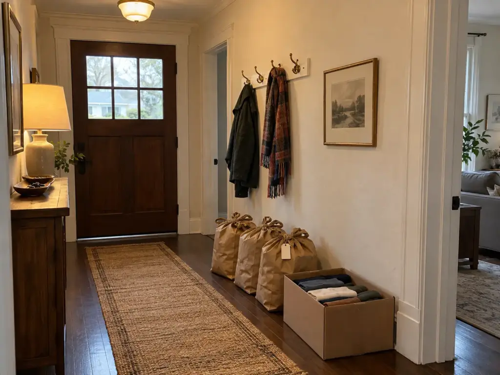 Three tied bags and a cardboard box of clothes lined up beside a front door under a row of coat hooks