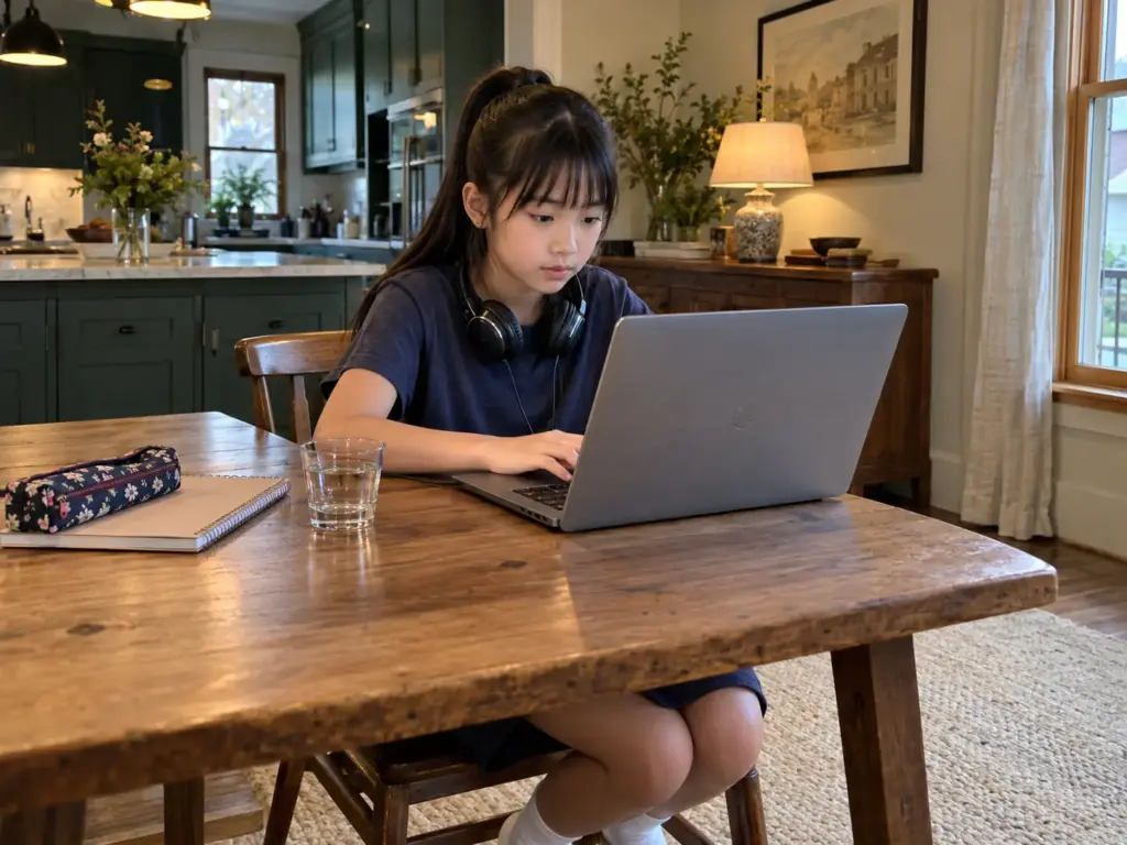 A twelve-year-old girl works on a laptop at the dining table after school, headphones around her neck