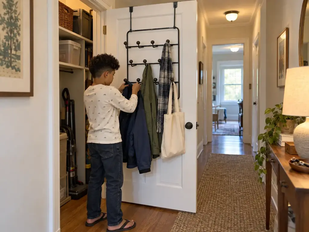 How to Organize a Utility Closet That Still Shuts 6 A boy hangs his jacket on an over-the-door hook organizer holding coats and a canvas bag on a hallway closet door