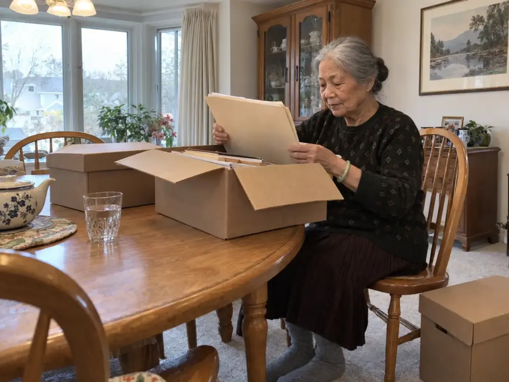 How to Organize Paper Clutter and Stop It Coming Back 7 Older woman at a dining table lifting a folder out of an open cardboard box of old household papers