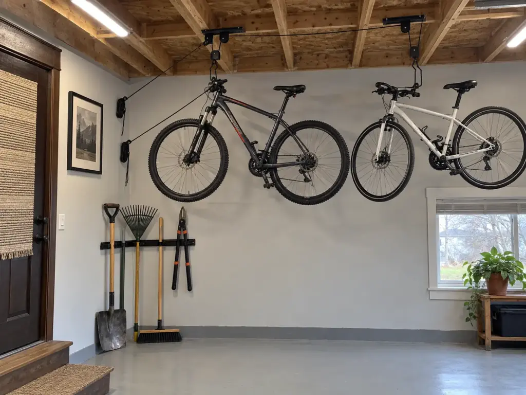 Long-handled garden tools stored upright on a garage wall and two bikes lifted to the ceiling on RAD Sportz hoists