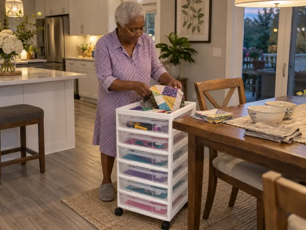 Woman lifting a quilting project into a rolling cart's case at the dining table before dinner