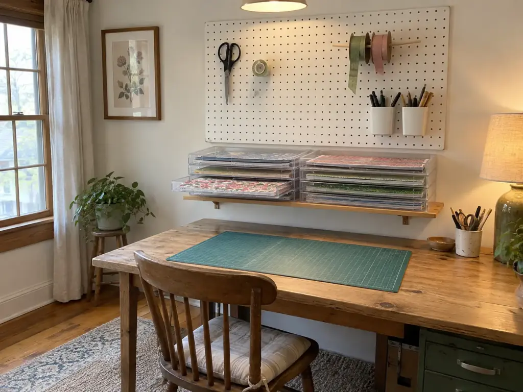 Pegboard above a craft table holding scissors, tape and ribbon, with flat clear paper cases on the shelf below