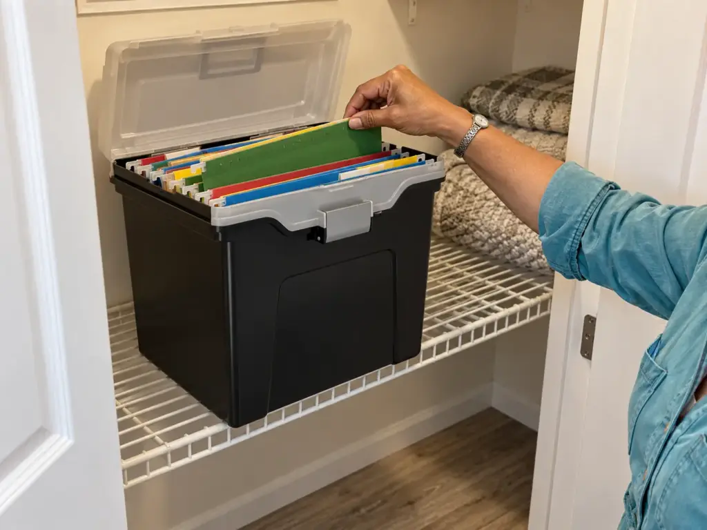 A portable file tote with colored hanging folders on a closet shelf while a woman's hand lifts one folder