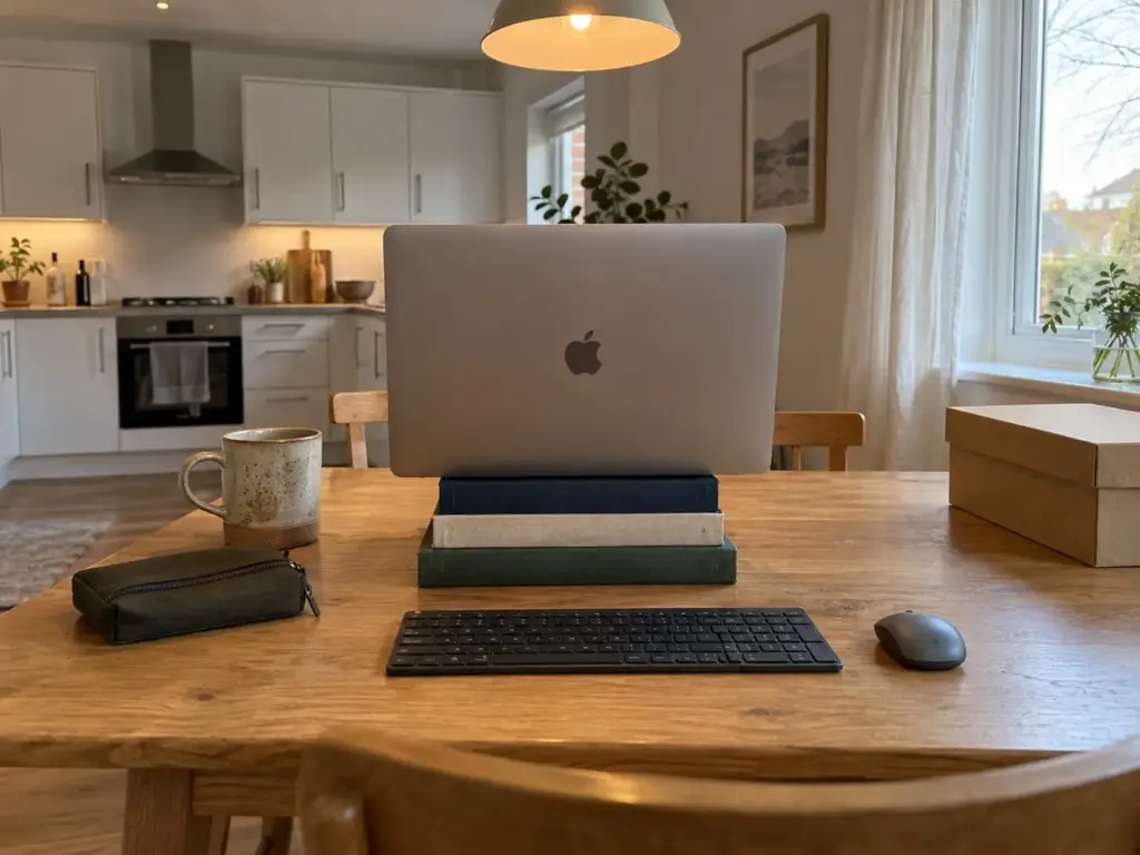 Portable Home Office Setup That Clears Off the Dinner Table 9 Laptop raised on a stack of hardcover books on a dining table, with a separate keyboard and mouse in front of it