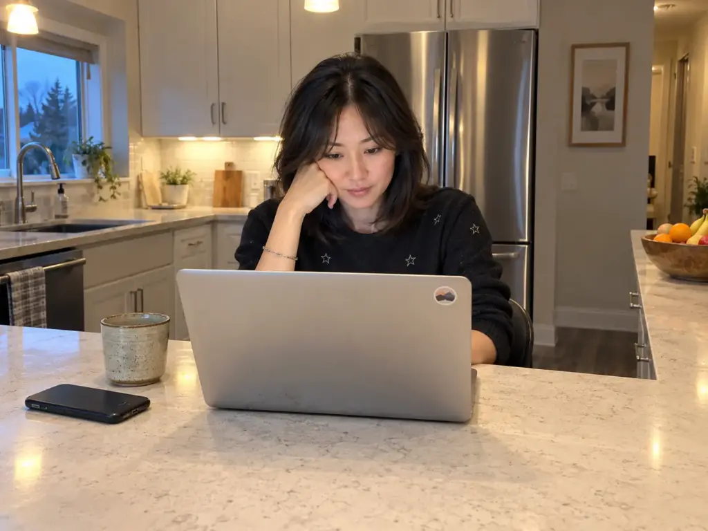 A woman sits at the kitchen breakfast bar behind a laptop, chin in hand, a mug and a face-down phone beside it