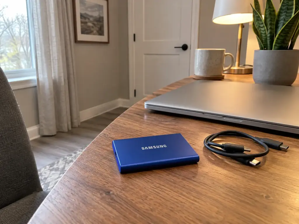 Why Going Paperless at Home Fails and How to Make It Stick 6 A small blue portable SSD resting on a desk next to a closed laptop and a coiled cable