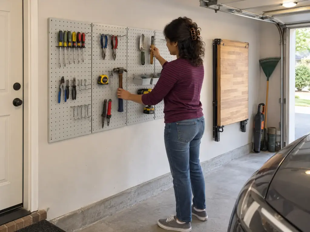 Car Still Has to Fit? Small Garage Organization Tips 6 A woman hangs a hand trowel on a grey metal pegboard of tools beside the house door of a small garage