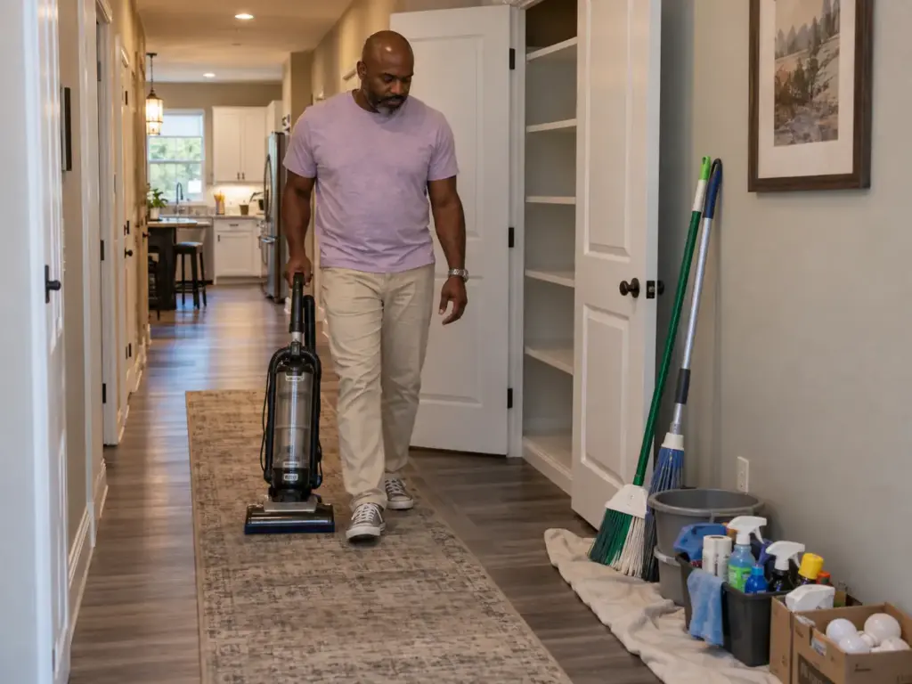 A man carries an upright vacuum out of an emptied utility closet while the contents wait in groups along the hallway wall