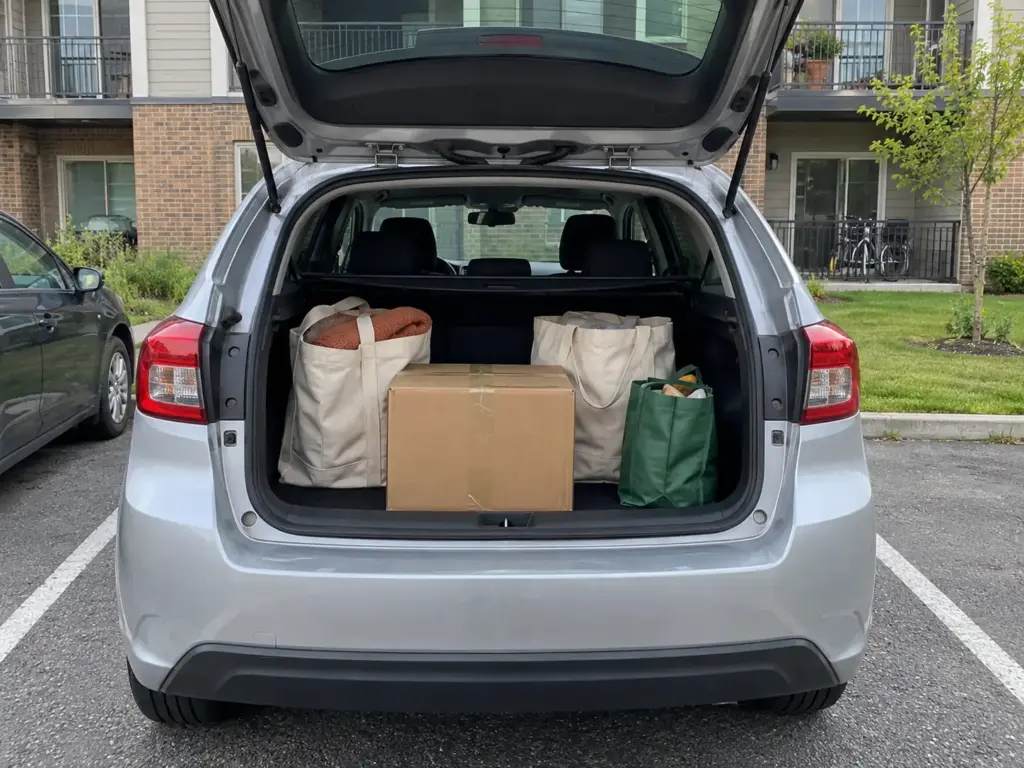 The open trunk of a hatchback holds two tote bags and a taped box ready for a donation drop-off trip