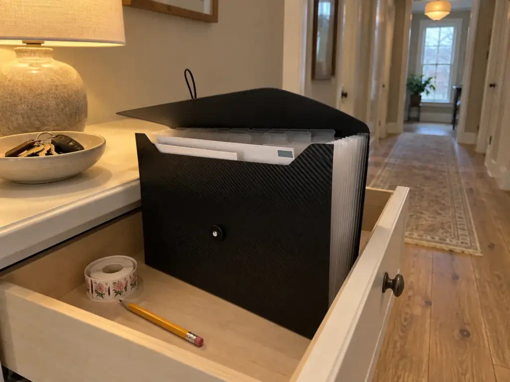 Mail Piling Up Again? A Mail Organization System That Holds 10 An open console drawer holding a plastic accordion file with tabbed pockets, a few envelopes tucked into the first pocket