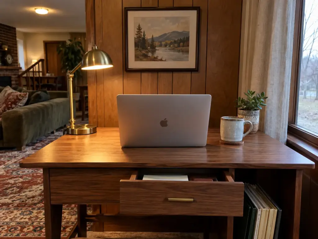 Compact desk surface with a laptop, lit lamp, mug and plant, the shallow drawer slightly open