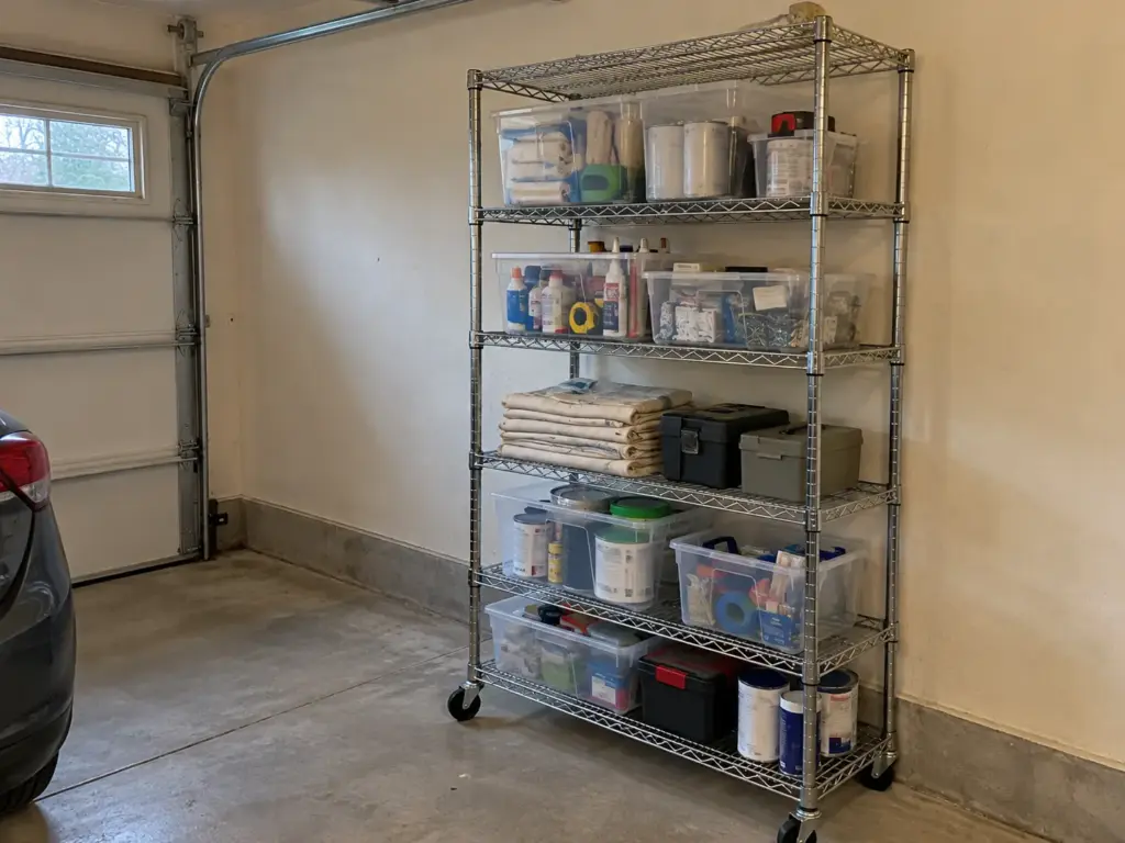 A Seville Classics steel wire shelving unit holds small clear bins and labeled boxes in a tidy two-car garage bay