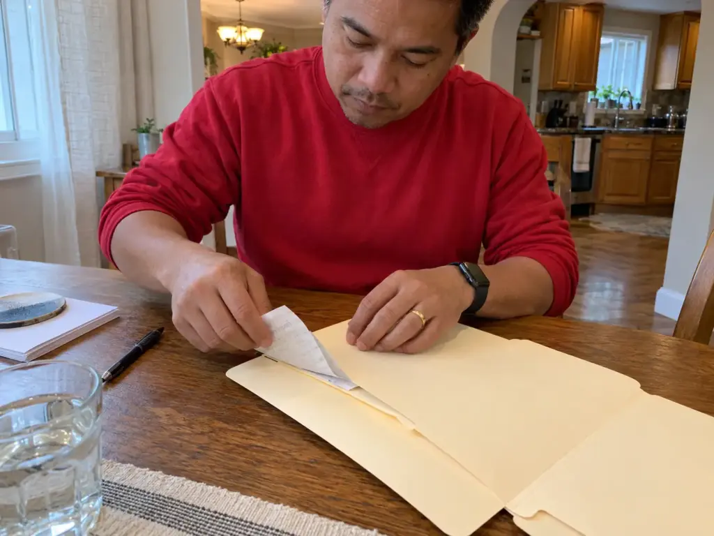 A man's hands slide a folded donation receipt into a folder on a dining table, a pen resting beside it