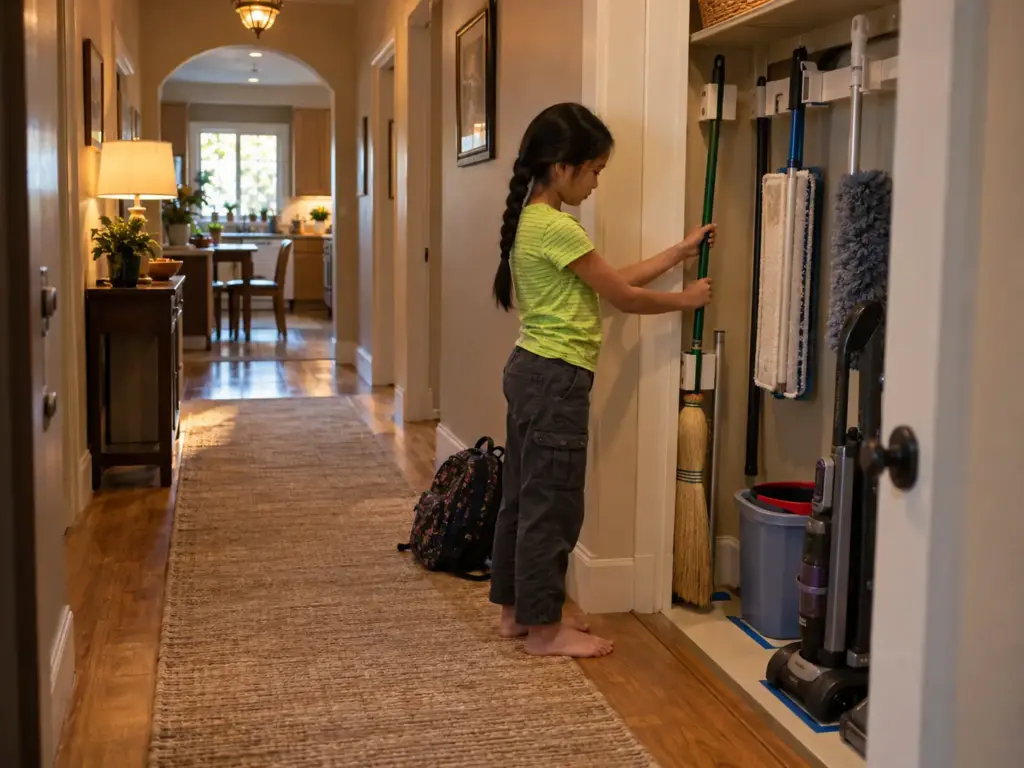 Broom Closet Organization Sized to Your Tallest Handle 7 A girl slides a broom handle into a low wall holder beside an open broom closet after school