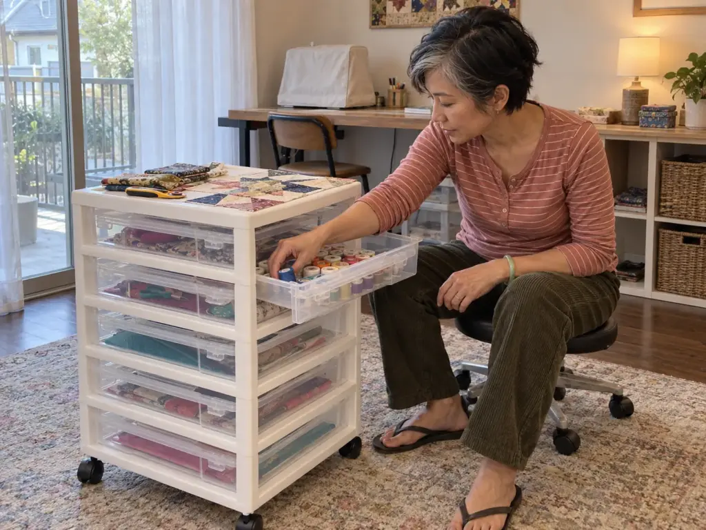 Woman seated on a stool at a rolling craft cart, its top used as a bench with a half-finished quilt block on it