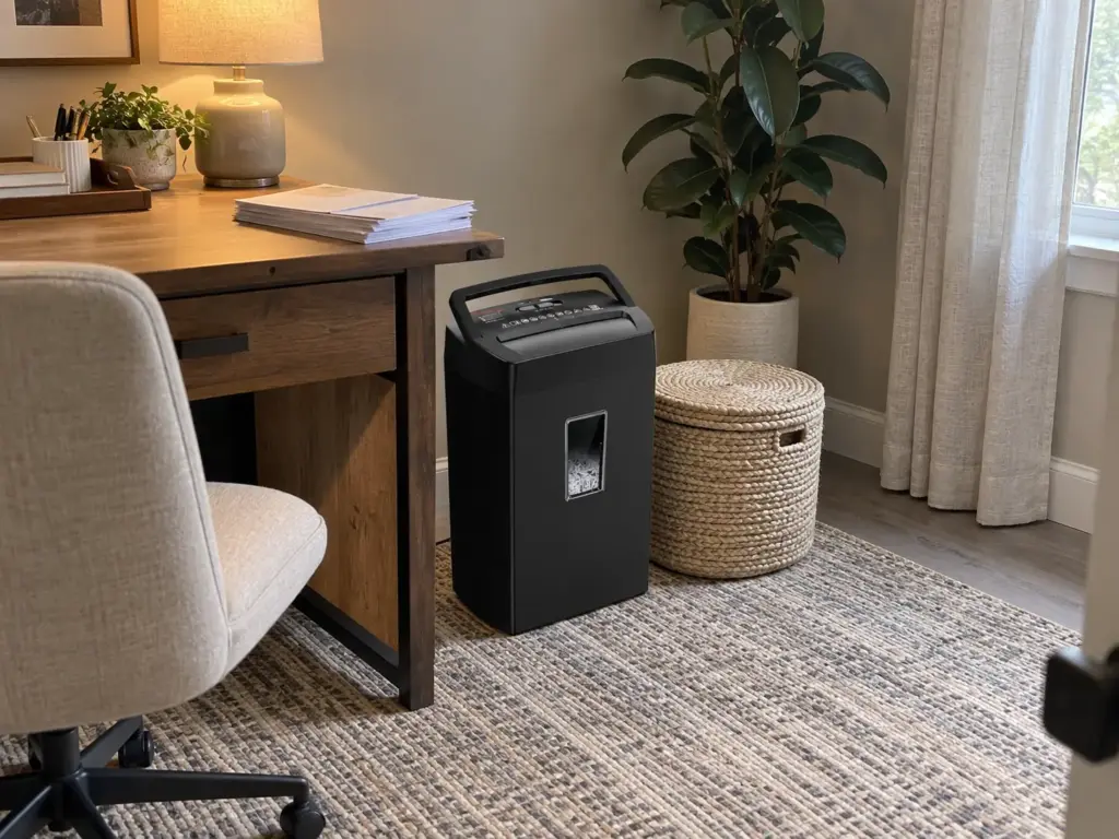 Why Going Paperless at Home Fails and How to Make It Stick 7 A cross-cut paper shredder standing beside a desk, a short stack of statements on the desk corner above it
