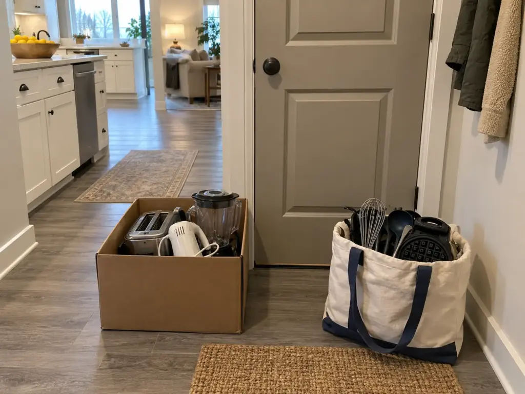 Beside a garage door, a cardboard box of small electrics stands apart from a canvas tote of working whisks and ladles