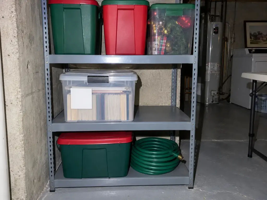 A single lidded clear file box with a blank label on a basement metal shelf among a few neat storage bins