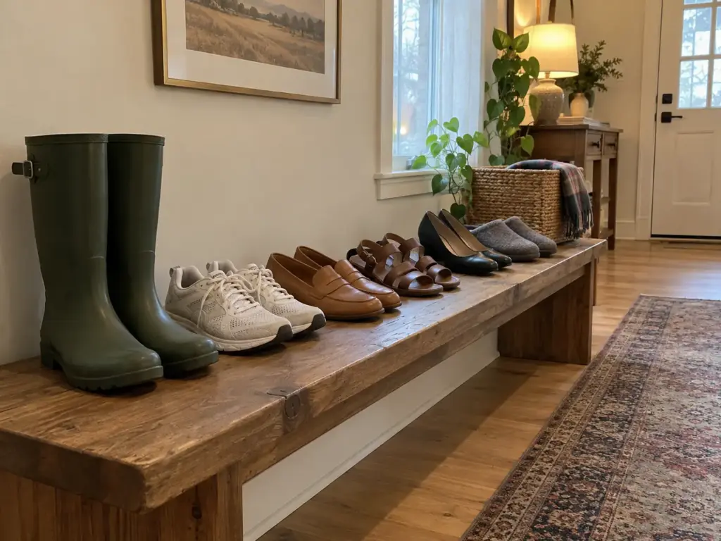 Six pairs of shoes, one per job, stand in a row on an entry bench: rain boots, runners, loafers, sandals, pumps, slippers