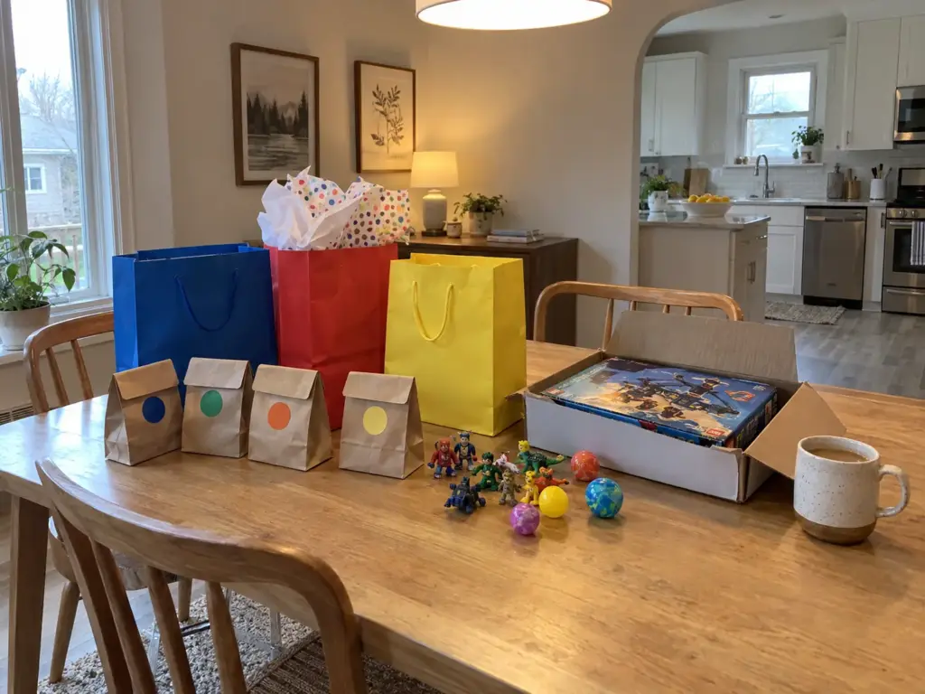 The morning after a birthday party, gift bags and party-favor bags full of small toys sit on the dining table