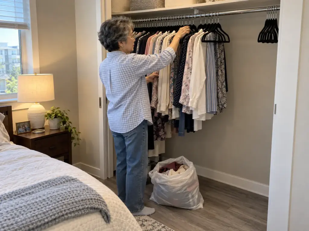 A woman slides slim velvet hangers along a closet rod that is now half empty after sorting her clothes