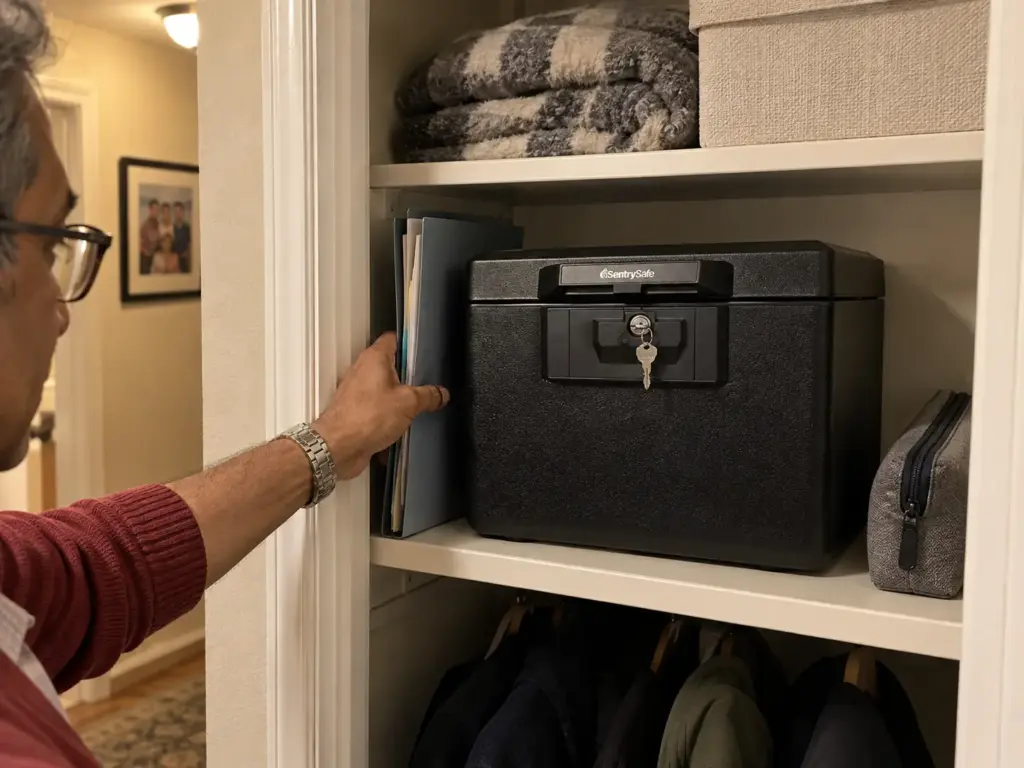 A man's hand setting a document folder beside a fireproof document box on a hall closet shelf