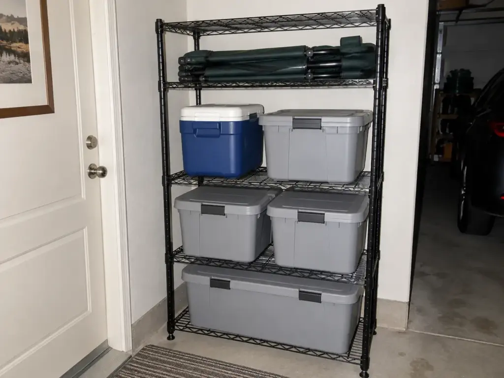 Best Garage Storage Systems by What You Actually Store 11 Freestanding four-shelf wire unit with lidded totes and a folded camp chair in a dim garage corner, flash photo