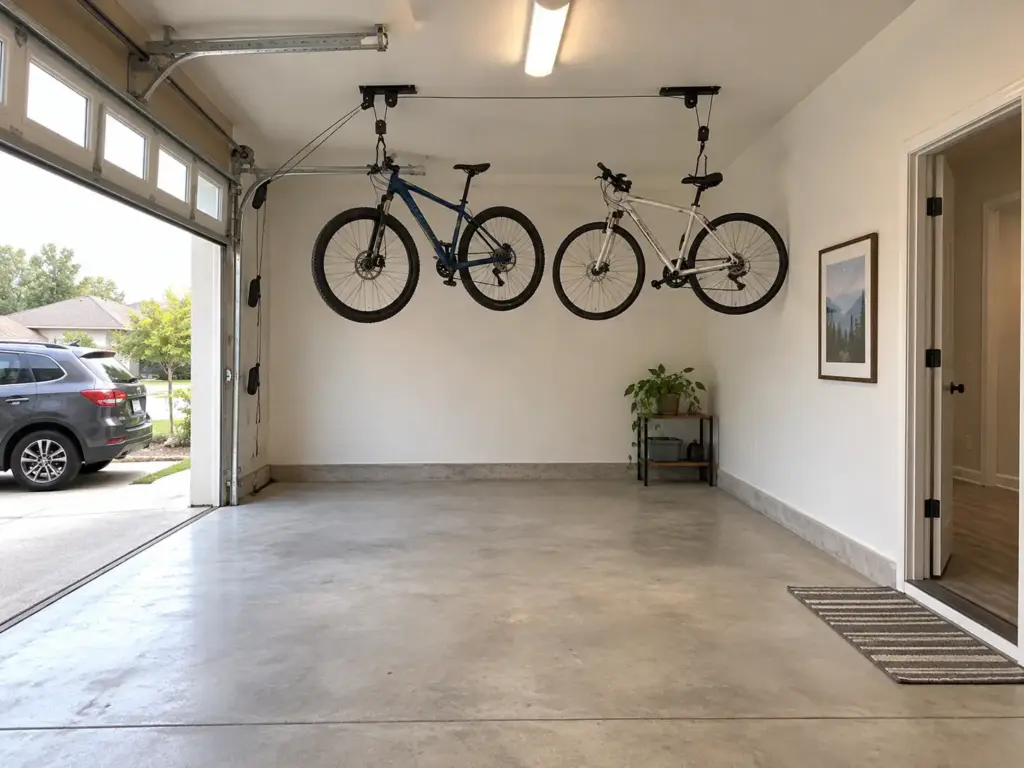 Garage Organization Ideas on a Budget, in the Right Order 7 Two bikes hung up on a ceiling hoist above the clear floor of a garage