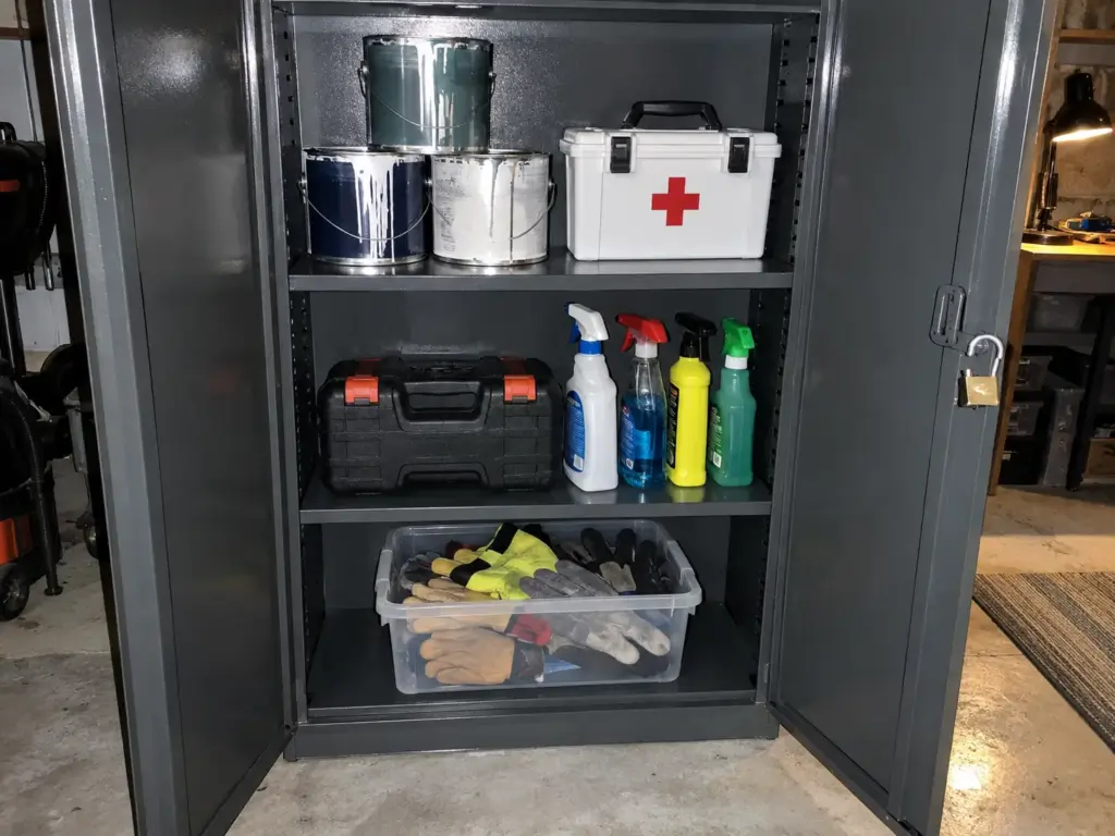 Open steel garage cabinet with sealed paint cans, a first-aid kit, a drill case and a padlock hanging open on the latch