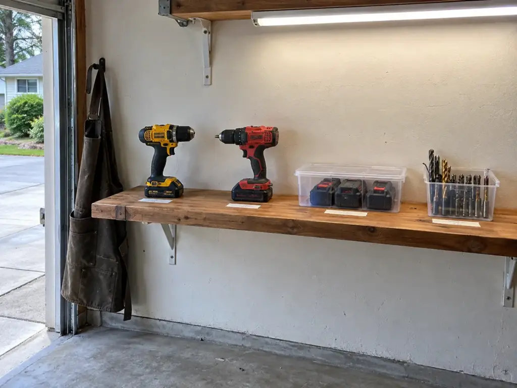 7 Garage Tool Organization Ideas That Fit Each Tool 10 A deep garage shelf holding two cordless drills, a tray of spare batteries and a small bin of drill bits off the floor