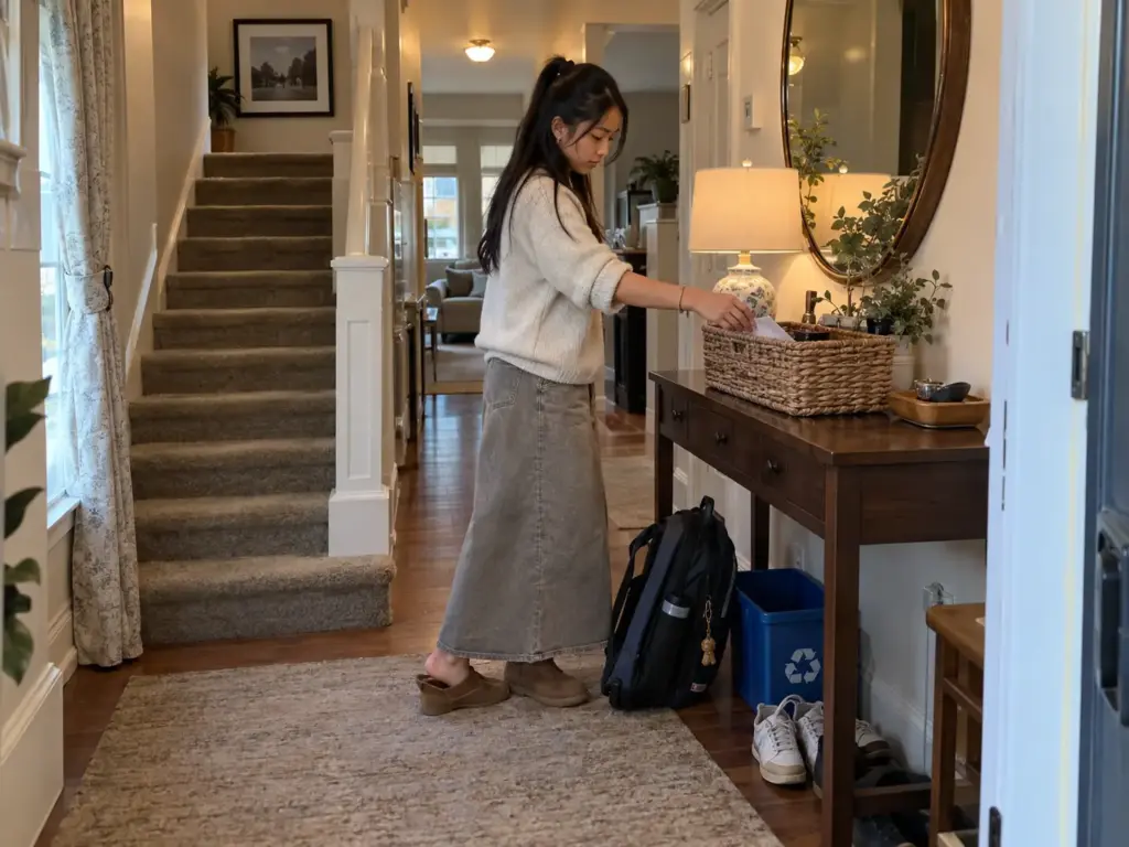 How to Organize Paper Clutter and Stop It Coming Back 8 Girl by the front door dropping a school form into a basket on the hallway console beside a small recycling bin