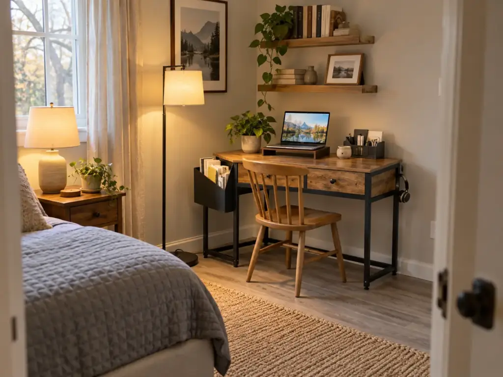 6 Home Office Ideas for Small Spaces Compared by Footprint 7 Compact rustic-brown desk in a bedroom corner with wall shelves above, a pocket-corner home office