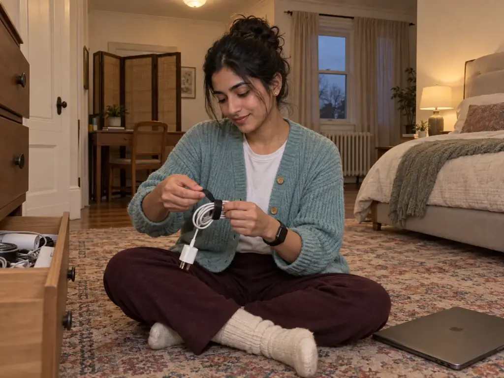 Home Office in Bedroom Ideas That Survive Week Three 7 Woman sitting on a bedroom rug winding a charger cable with a black cable tie beside a closed laptop at day's end
