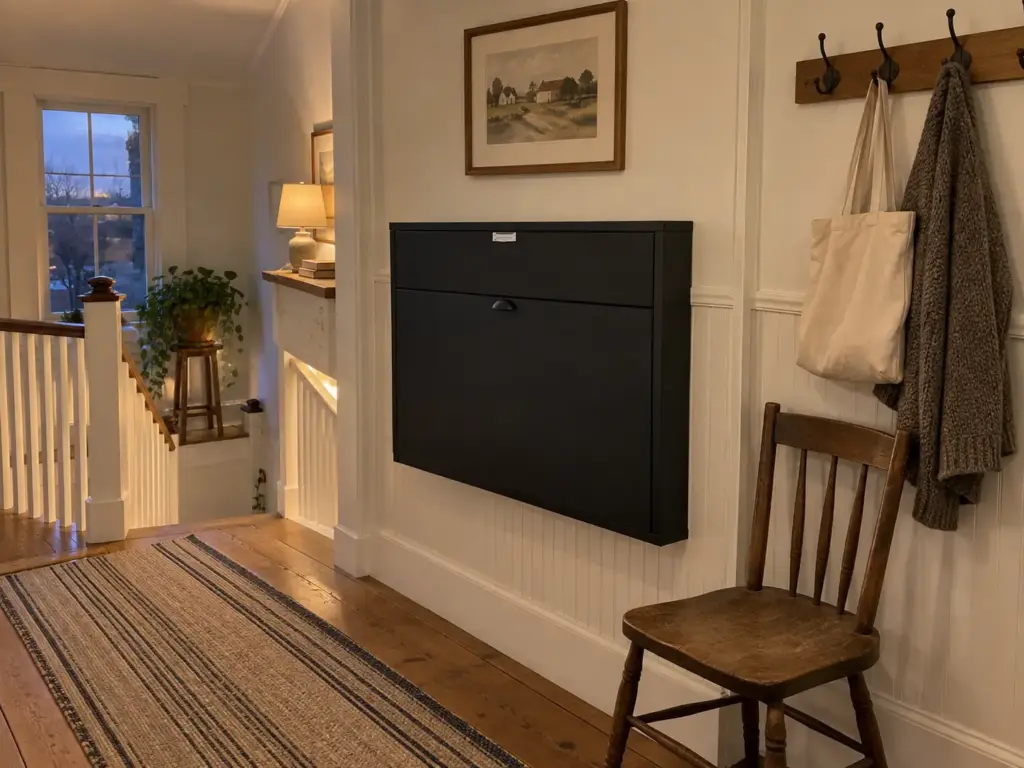 Wall-mounted fold-down desk closed into a slim cabinet in a hallway alcove at the end of the workday