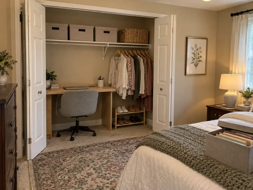 How to Create a Home Office in a Closet You'll Still Use 7 Closet office with a short rod of hanging clothes at one end and seasonal bins on the shelf above the desk