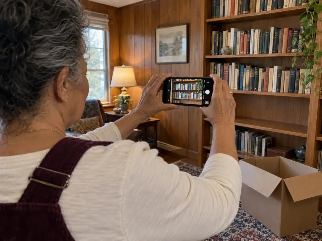 A woman's hands hold a phone up to photograph a shelf of book spines before a box of books is taken away