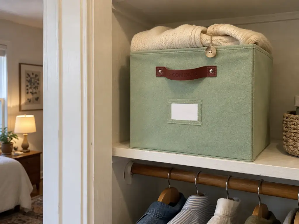 A fabric storage bin with a label holder on a closet shelf, a folded sweater with a loose button resting on top
