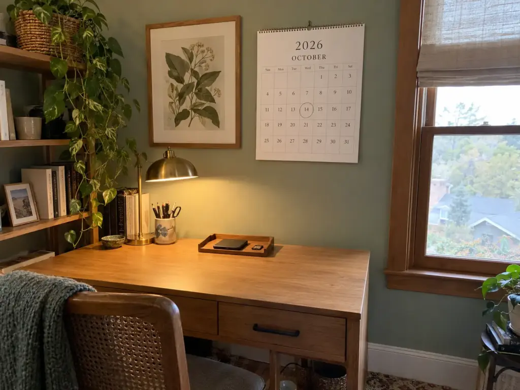 A wall calendar above a desk shows October 2026 with one date ringed beside a small tray holding a portable drive