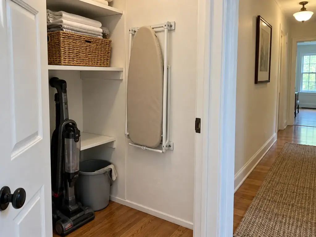 How to Organize a Utility Closet That Still Shuts 9 A wall-mounted ironing board folded flat against a closet side wall with a bin of folded linens on the shelf above