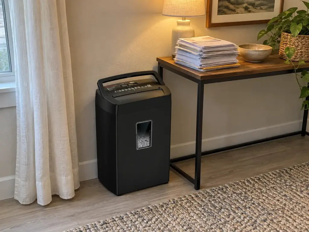 Bonsaii cross-cut paper shredder beside a console table with a small stack of expired papers ready to shred