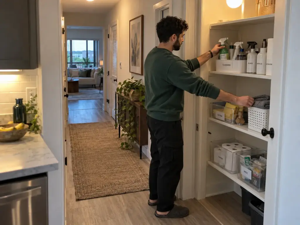 6 Cleaning Supply Organization Ideas That Stop Rebuying 8 A man slides a labeled spray bottle back onto its shelf in a tidy shared-apartment utility closet during an evening reset