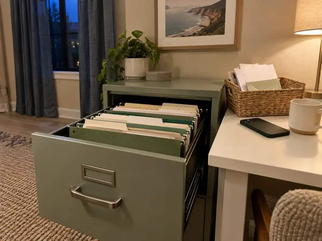 Best Filing Systems for Home Compared by Where They Break 10 Open file drawer with one folder pulled up in front of the others beside a small basket of papers waiting to be filed